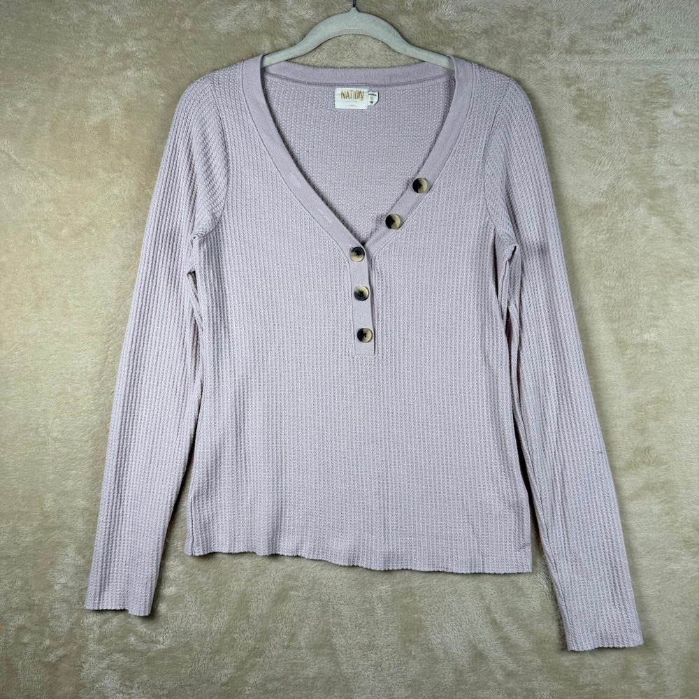 Nation LTD Lilac Waffle Knit Henley V-Neck Long‎ Sleeve Top Size Medium Casual